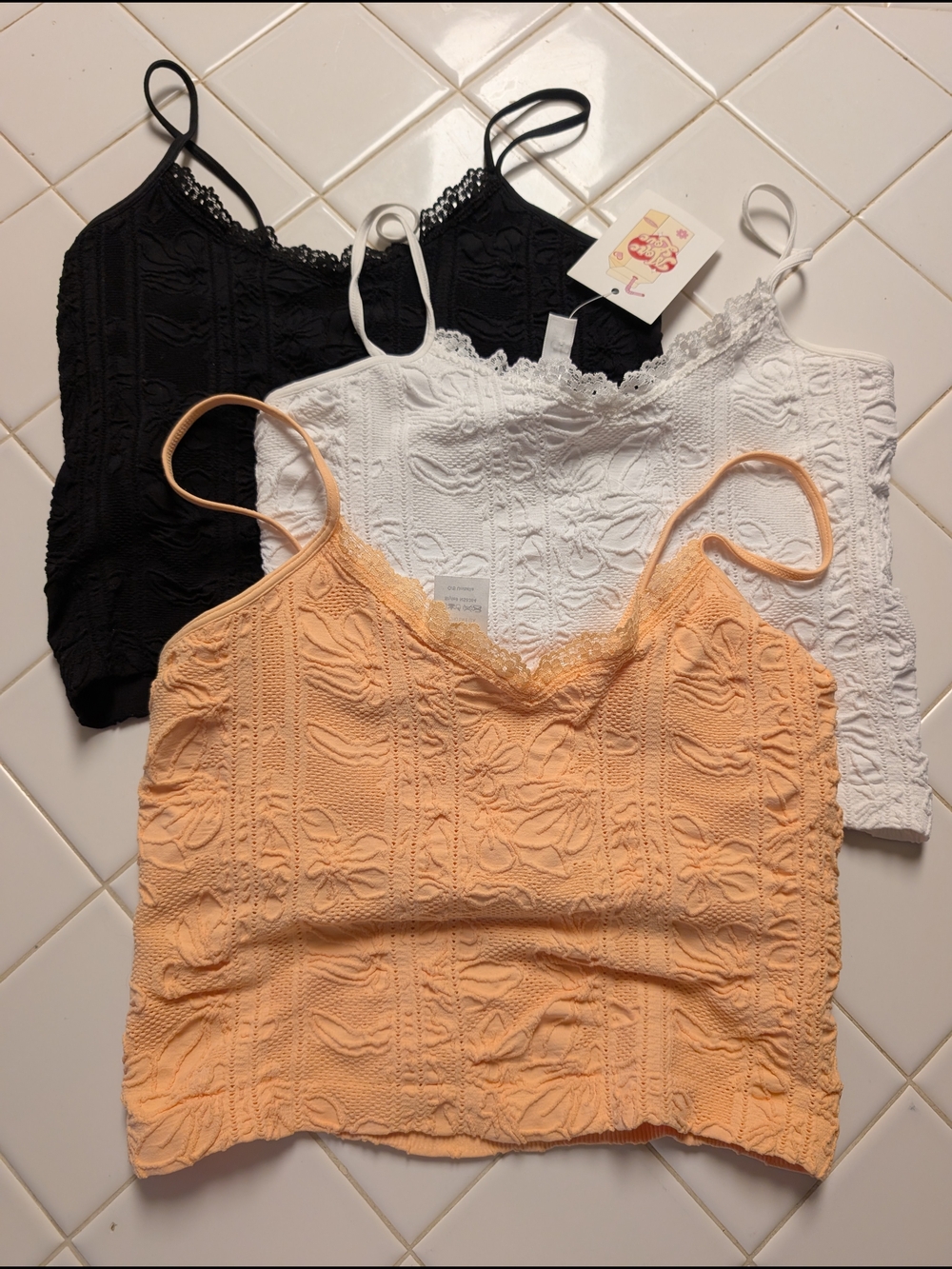 Nikibiki Lace-Trim Knit Camisole Trio - Black, White, Peach